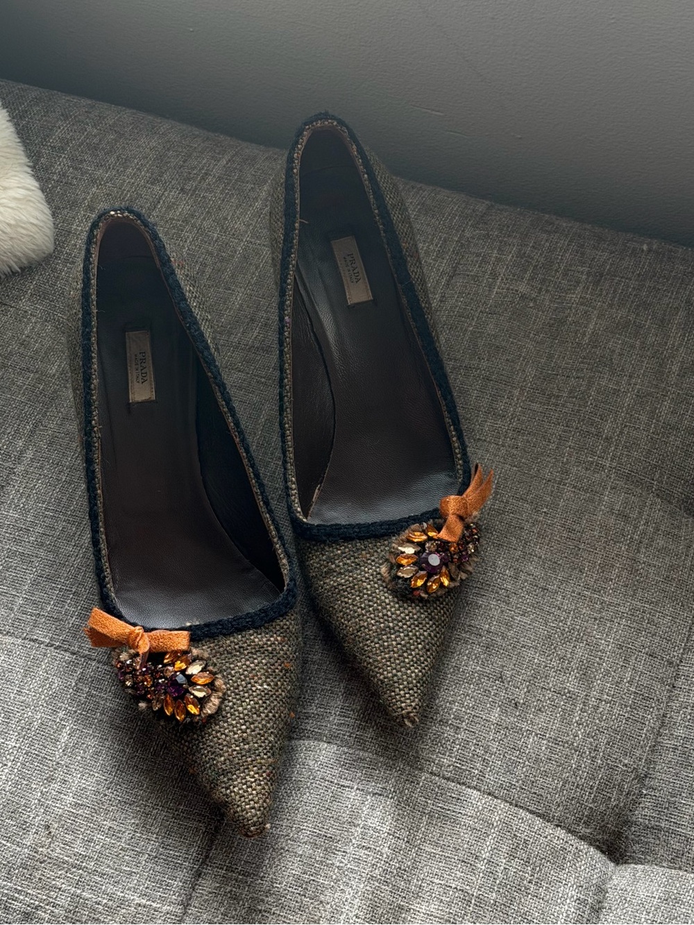 Prada Tweed Pointed Toe Heels with Gem Cluster and Orange Bow